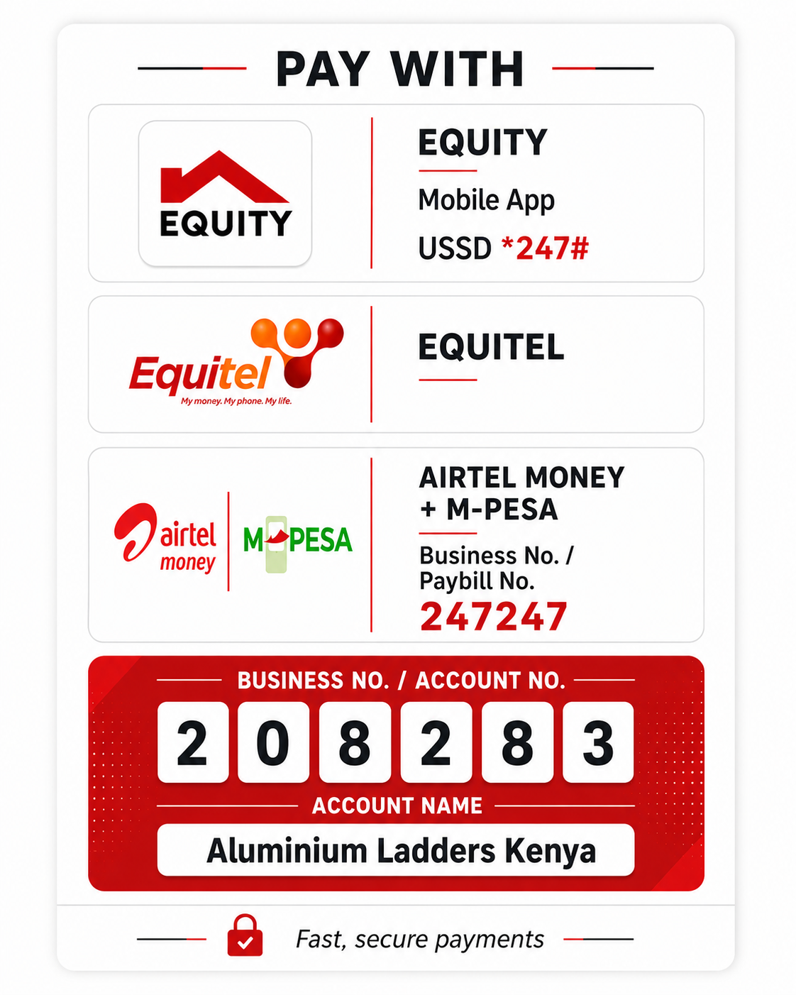 Payment Method — Lipa na M-Pesa accepted here, Paybill Business Number 625625, Account Number 0896016, Same Day Delivery
